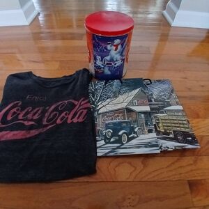 Coca-Cola Dark Gray Tee with Red Logo and Festive Tin